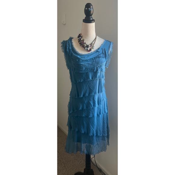 NWT Meo Meli Boho Blue Chiffon Layered Ruffle Tier Pullover Sleeveless Dress M - Picture 1 of 9